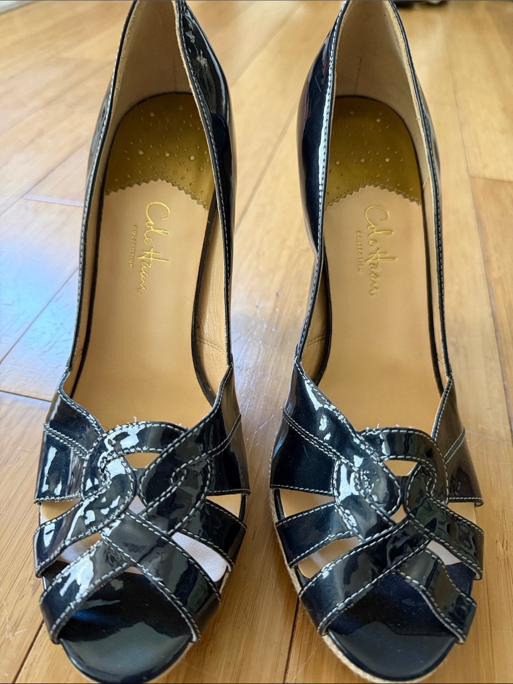 Cole Haan Navy Patent Peep-Toe Heels with Woven Detail